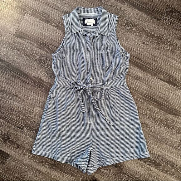 Anthropologie Striped Collared Linen Romper - Picture 1 of 8